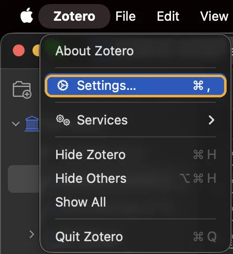 The Zotero menu on a Mac with Settings… highlighted.