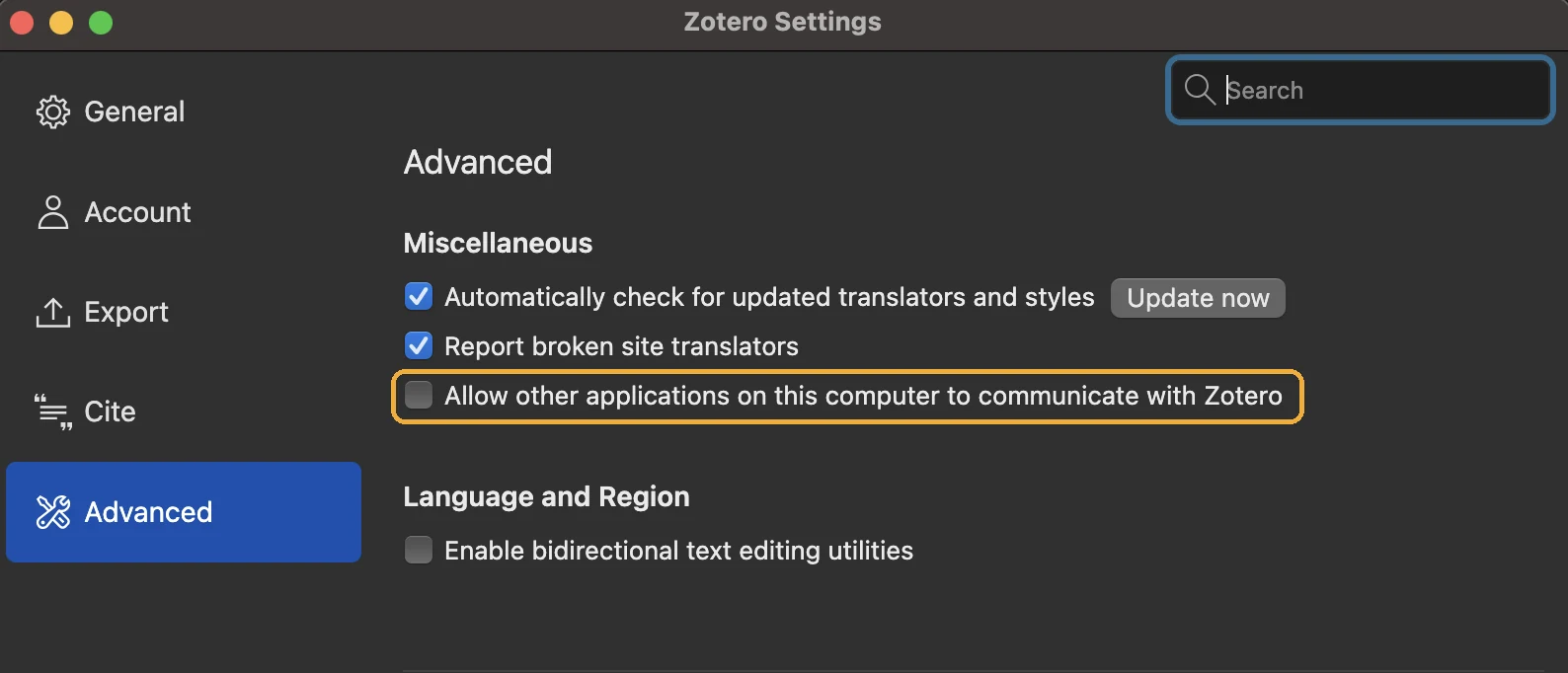 Zotero Settings, Advanced pane, with the “Allow other applications on this computer to communicate with Zotero” box unticked and outlined.
